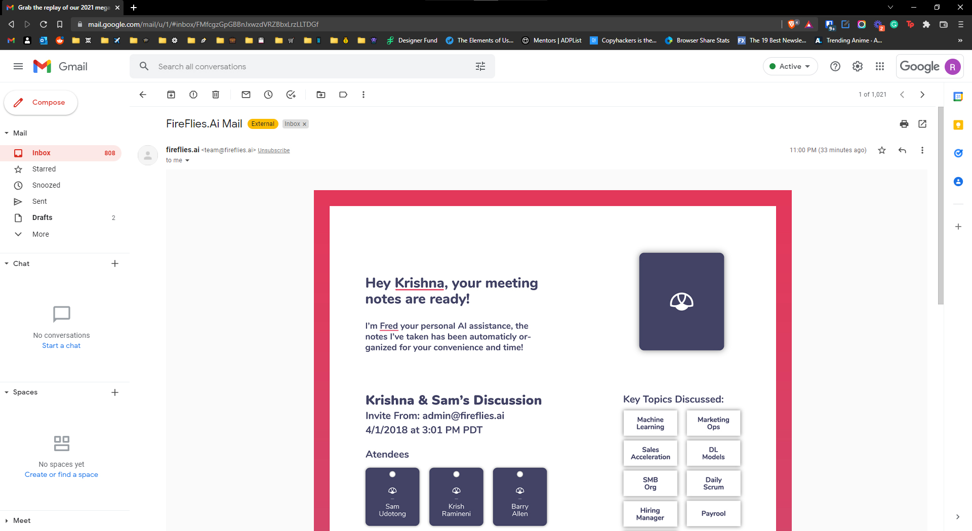 Desktop Email Designed by Raymond Shen for Fireflies.ai 2018