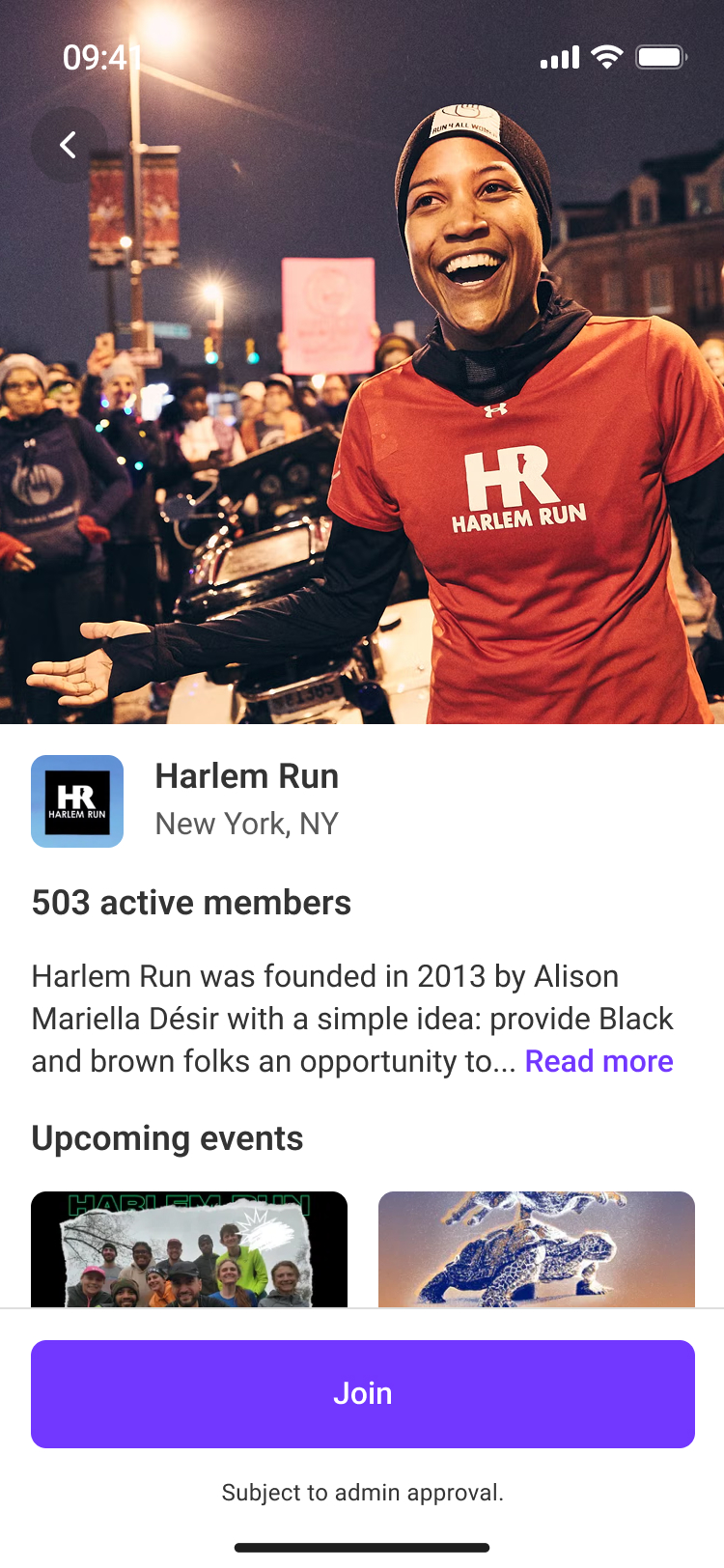 Group profile page on Heylo for Harlem Run