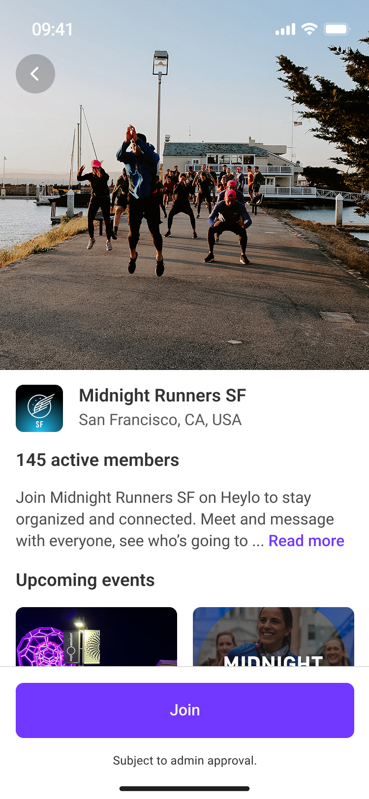 Group profile page on Heylo for Midnight Runners