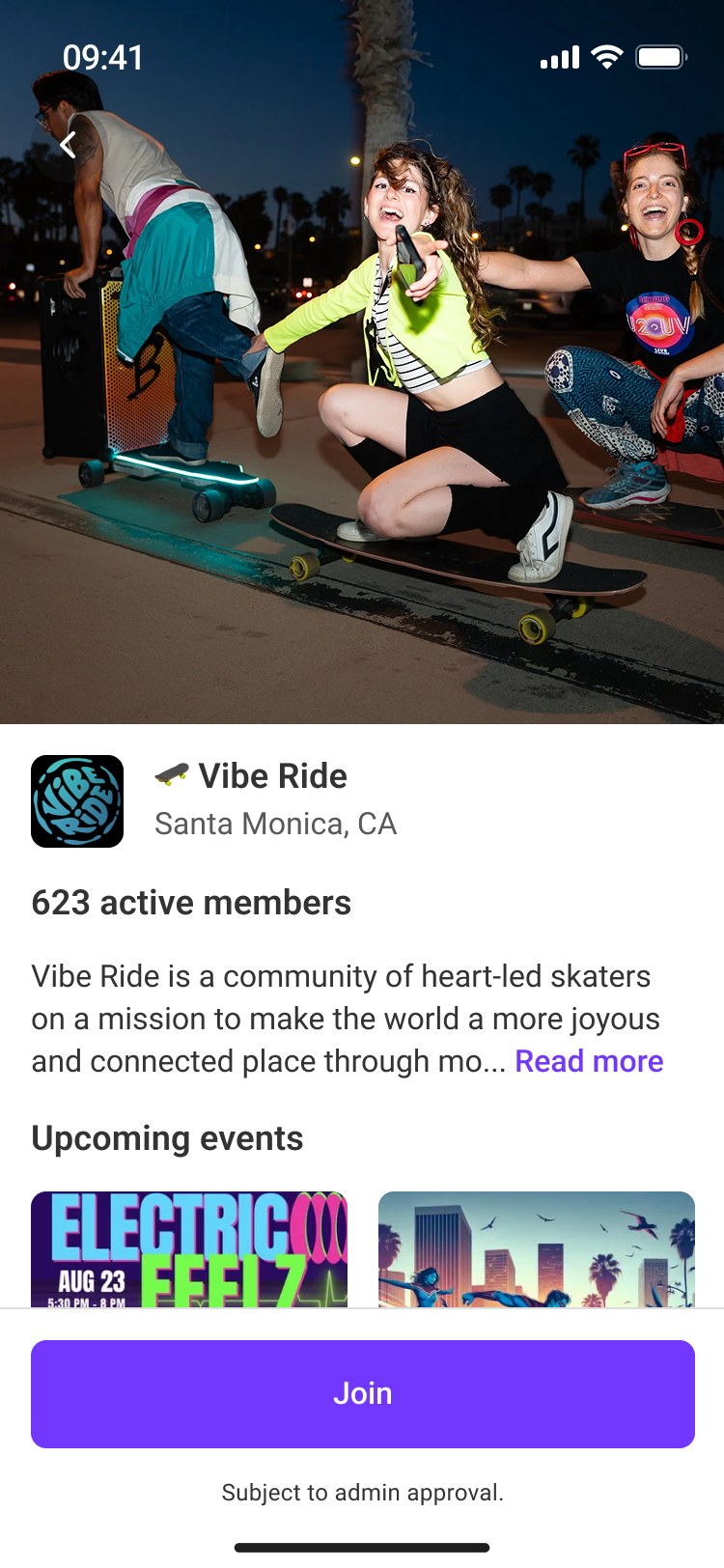 Group profile page on Heylo for Vibe Ride