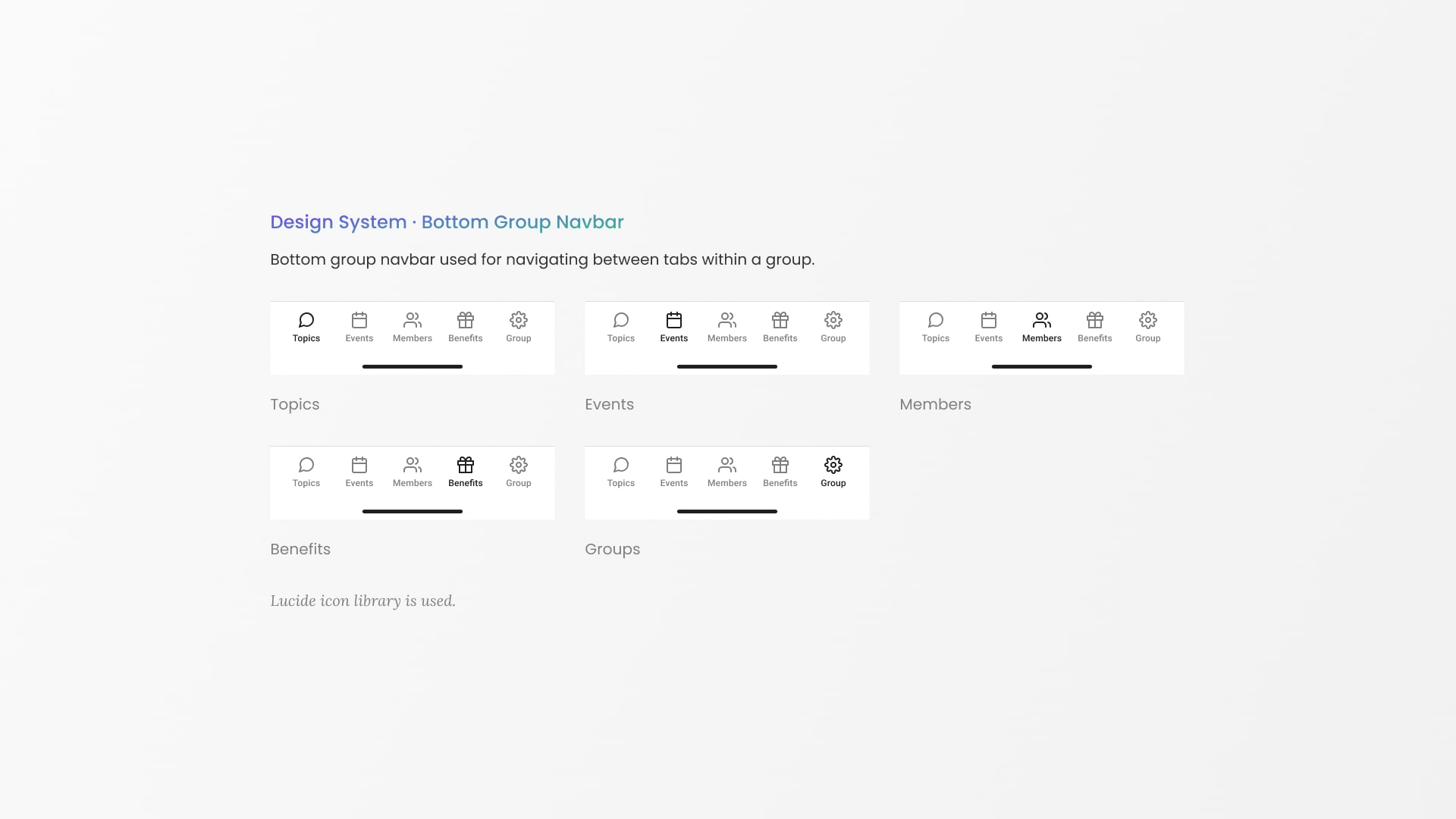 Heylo bottom navbar used within group pages to help users navigate between different tabs.