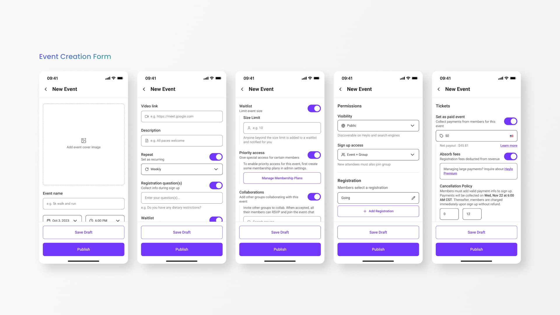 Old flow and user interface design screenshots of Heylo's onboarding flow when creating a group.