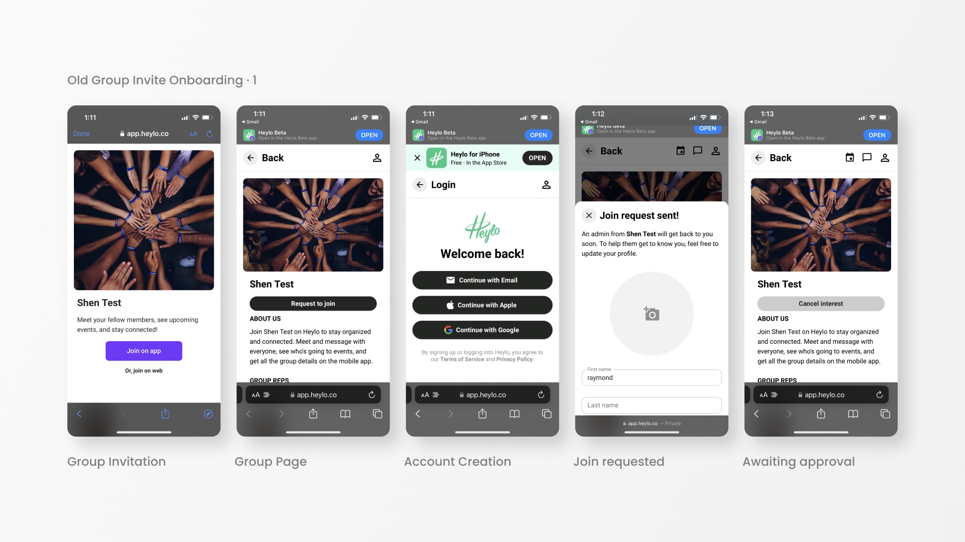 Old Heylo group invitaiton user experience flow and interface design.