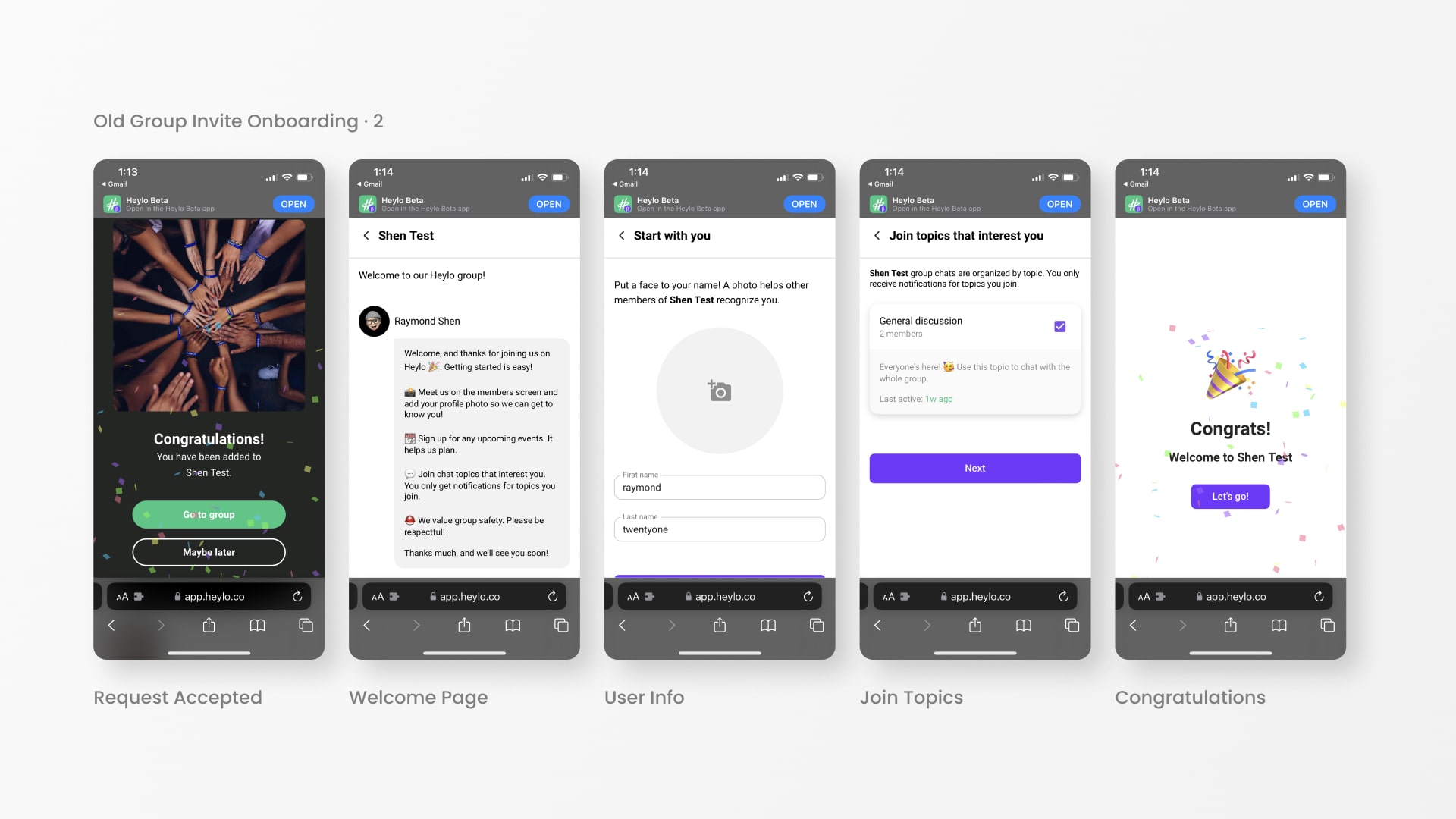 Old Heylo group invitaiton user experience flow and interface design.