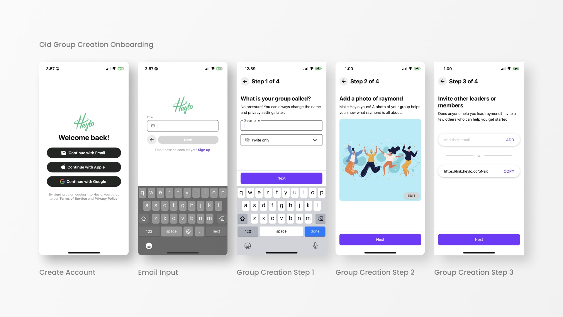 Old flow and user interface design screenshots of Heylo's onboarding flow when creating a group.