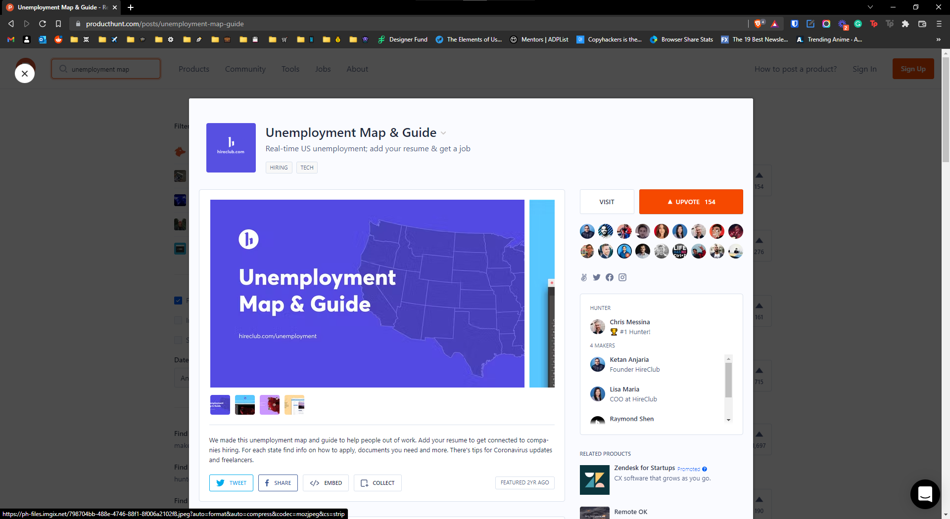 Product Hunt Screenshot designed for the Covid Map Hireclub has made for its internal pages.