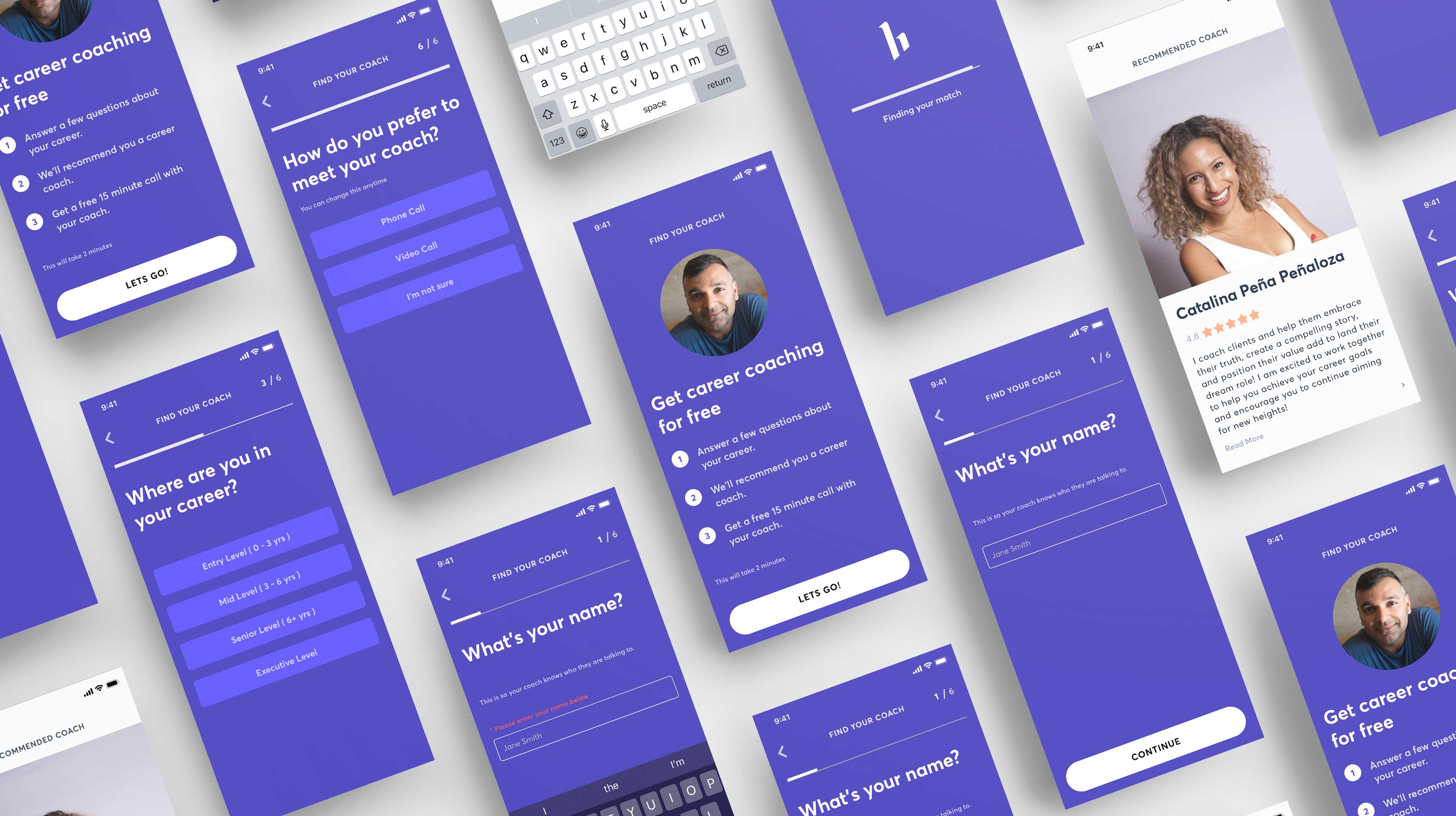 Multiple screenshot for Hireclub's Onboarding Design by Raymond Shen